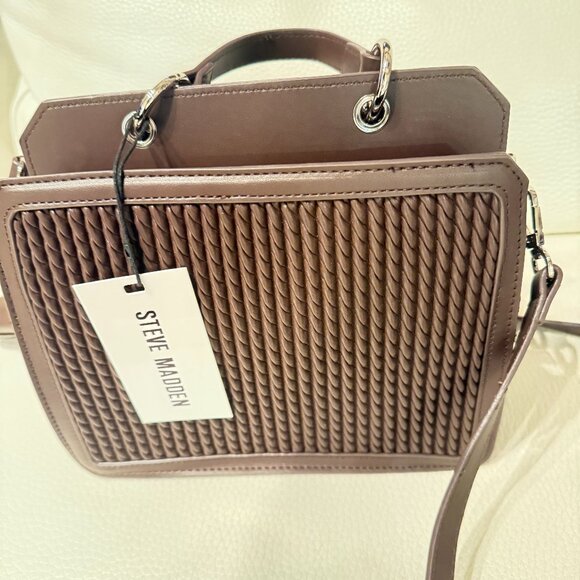NWT STEVE MADDEN BEVELYN MATELASSE SATCHEL CROSSBODY BAG CREDIT CARD CASE BROWN - Picture 3 of 9